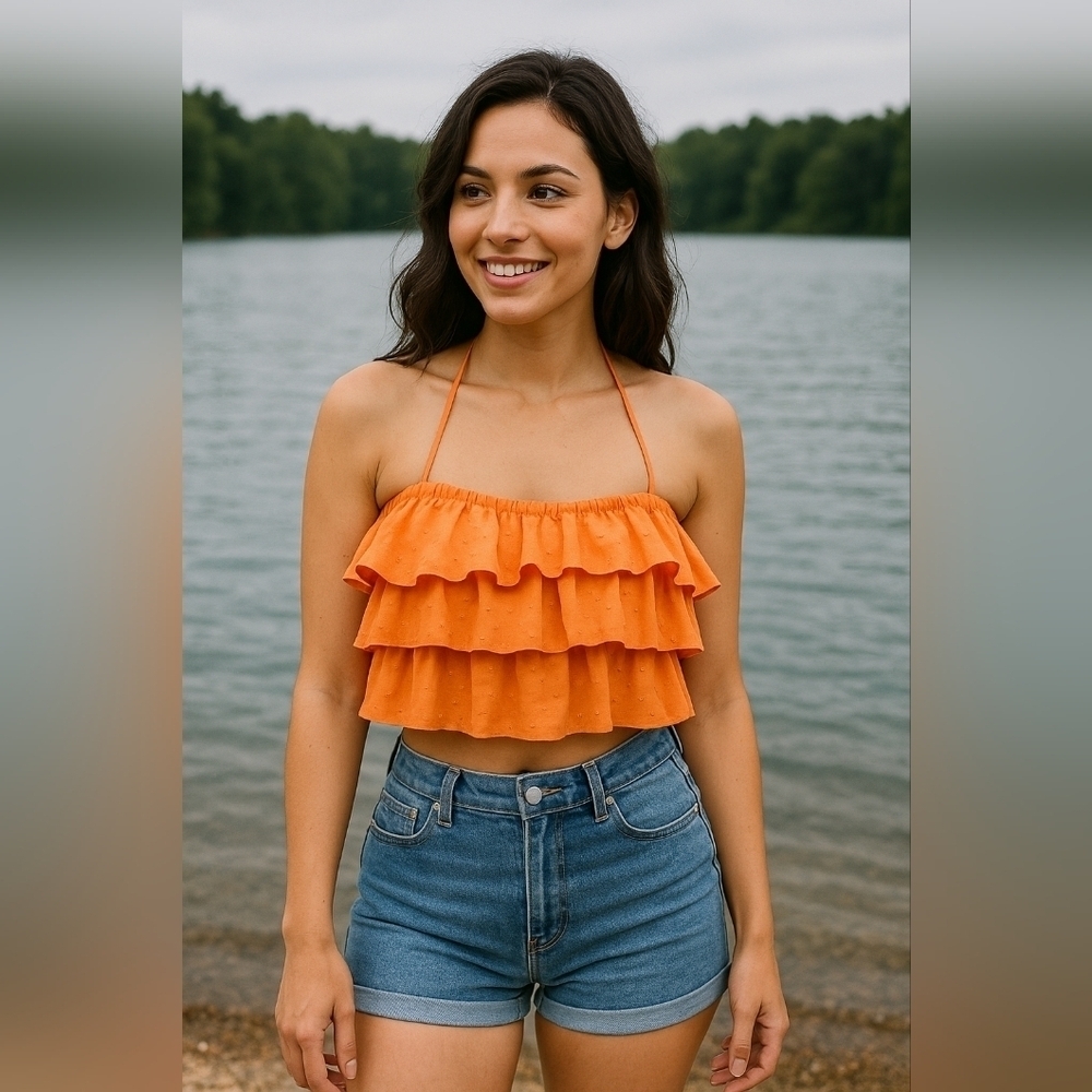 Women Orange Ruffle Halter Crop Top XS/2
